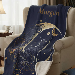 Mystical Cat Moon - Personalized Celestial Gift Sherpa Blanket