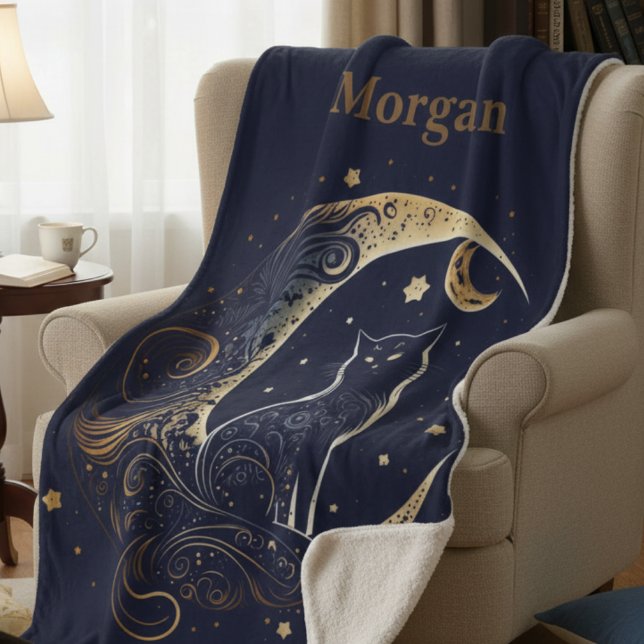 Mystical Cat Moon - Personalized Celestial Gift Sherpa Blanket (Creator Uploaded)