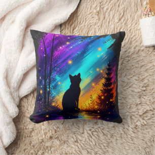 Mystical Cat Northern Lights Throw Pillow