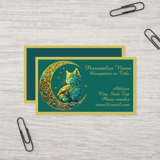 Mystical Cat on Moon Celestial Night Design Business Card (Front/Back In Situ)