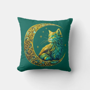 Mystical Cat on Moon Celestial Night Design Throw Pillow