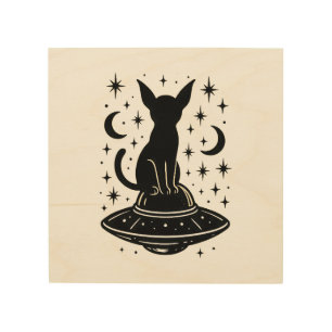 Mystical Cat on UFO with Stars & Moons Wood Wall Art