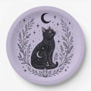 Mystical cat under the moon paper plates