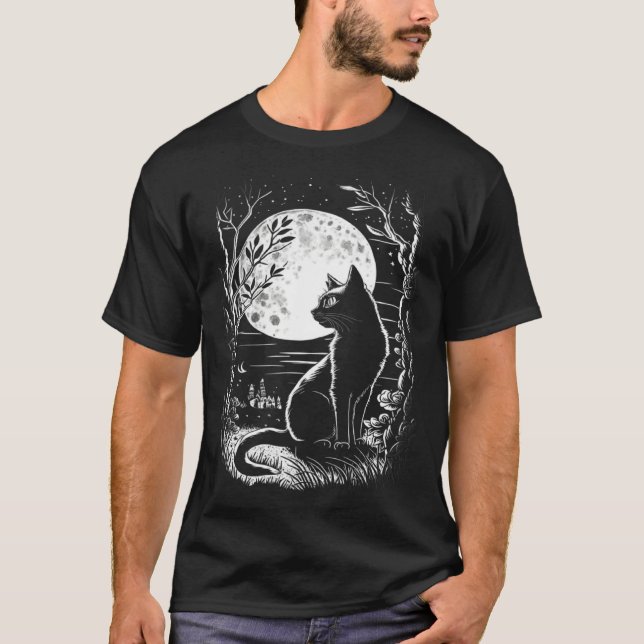 Mystical Cat Wiccan Moon Magic T-Shirt (Front)