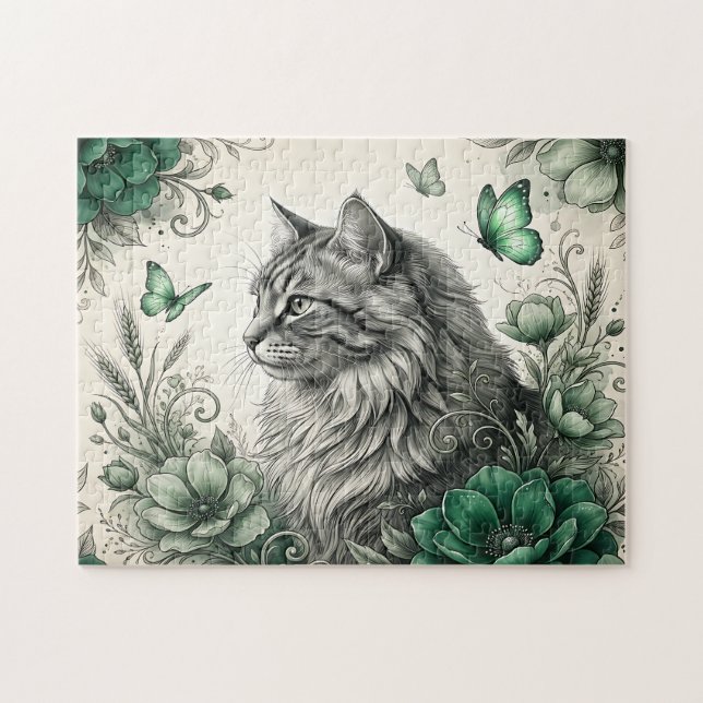 Mystical Cat With Flowers Jigsaw Puzzle (Horizontal)