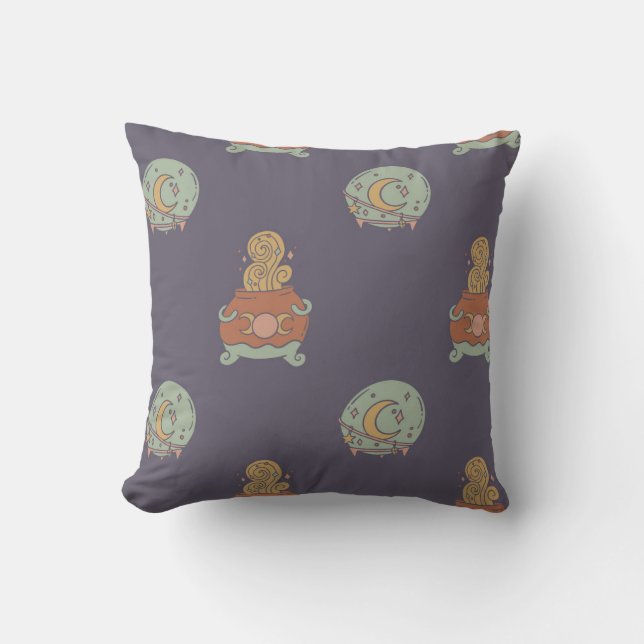 Mystical Cauldron and Crystal Ball Pattern Throw Pillow (Front)
