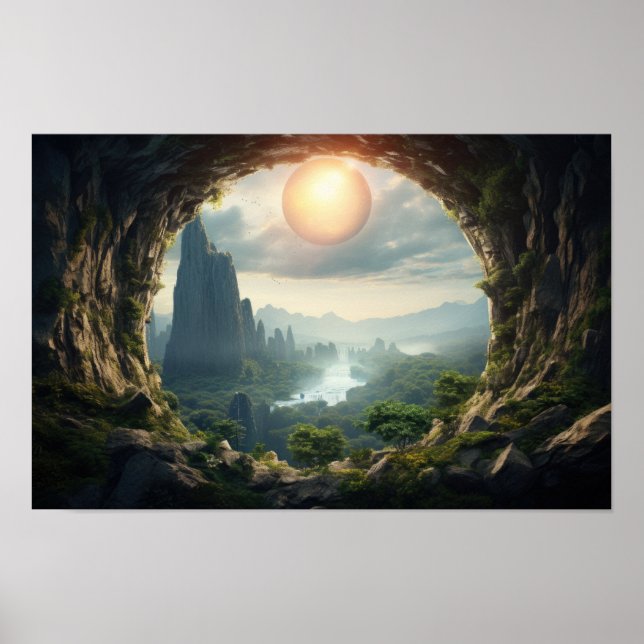 Mystical Cave Sunrise Landscape Poster (Front)