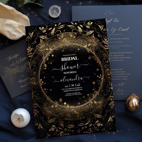 Mystical Celestial Black and Gold Bridal Invitation