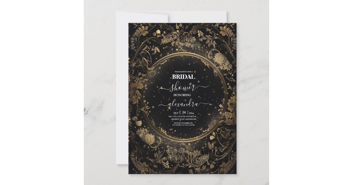 Mystical Celestial Black and Gold Bridal Invitation | Zazzle