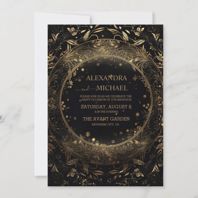Mystical Celestial Black and Gold Wedding Invitation (Front)