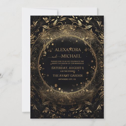 Mystical Celestial Black and Gold Wedding Invitation