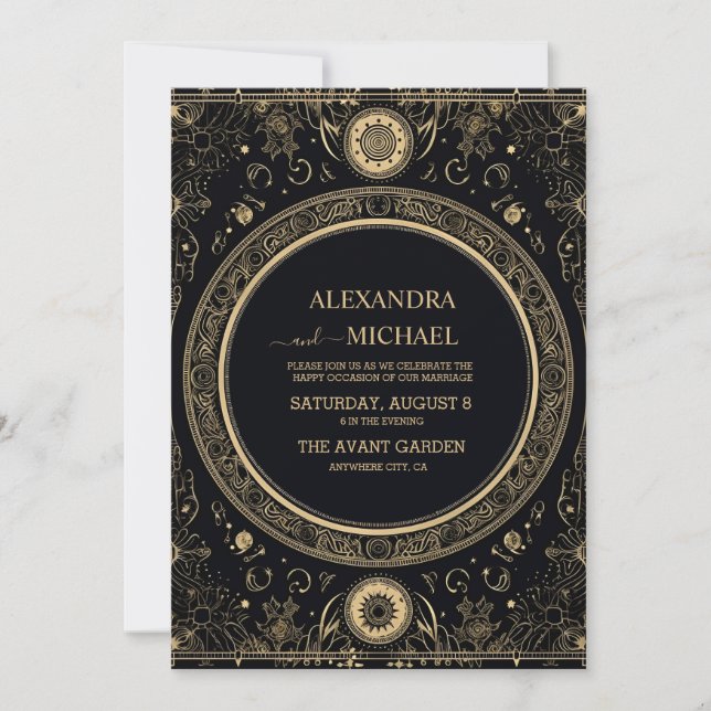 Mystical Celestial Black and Gold Wedding Invitation (Front)