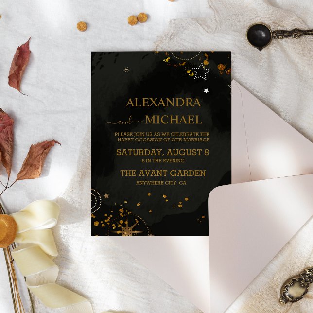 Mystical Celestial Black and Gold Wedding Invitation (Creator Uploaded)