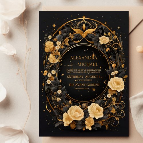 Mystical Celestial Black and Gold Wedding Invitation
