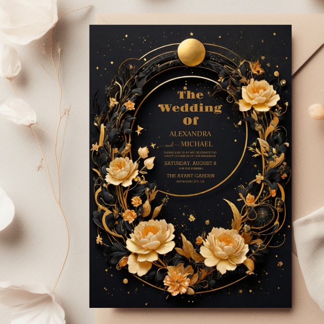 Mystical Celestial Black and Gold Wedding Invitation (Creator Uploaded)