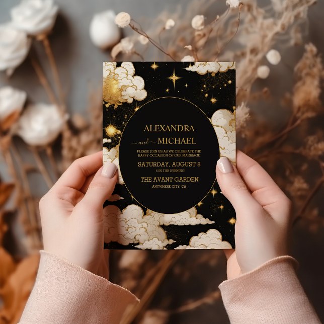 Mystical Celestial Black and Gold Wedding Invitation (Creator Uploaded)