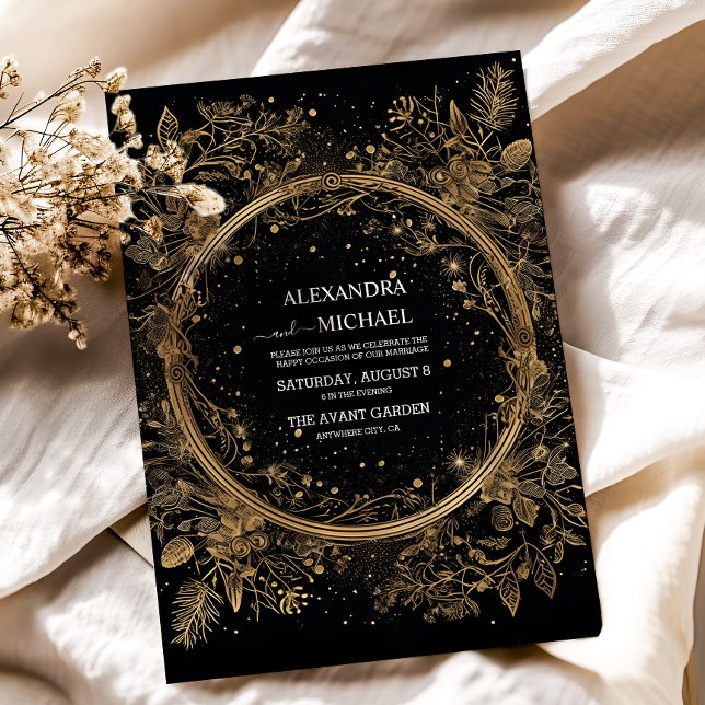 Mystical Celestial Black and Gold Wedding Invitation (Creator Uploaded)