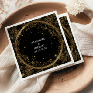 Mystical Celestial Black and Gold Wedding Napkins