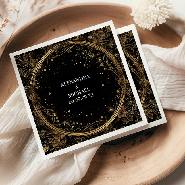 Mystical Celestial Black and Gold Wedding Napkins (Creator Uploaded)