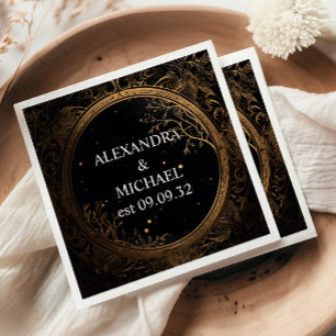 Mystical Celestial Black and Gold Wedding Napkins