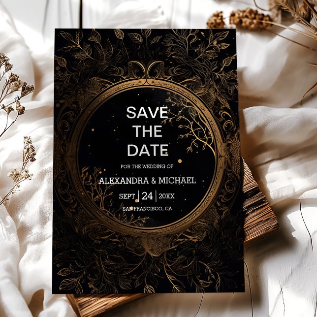 Mystical Celestial Black and Gold Wedding Save The Date (Creator Uploaded)