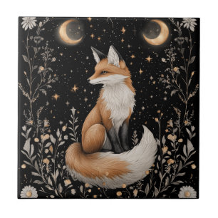 Mystical Celestial Fox and Flowers Ceramic Tile