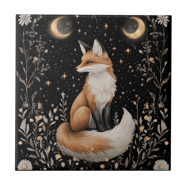 Mystical Celestial Fox and Flowers Ceramic Tile (Front)