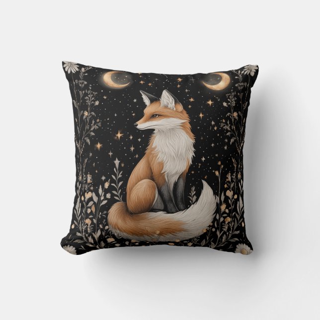Mystical Celestial Fox and Flowers Throw Pillow (Front)