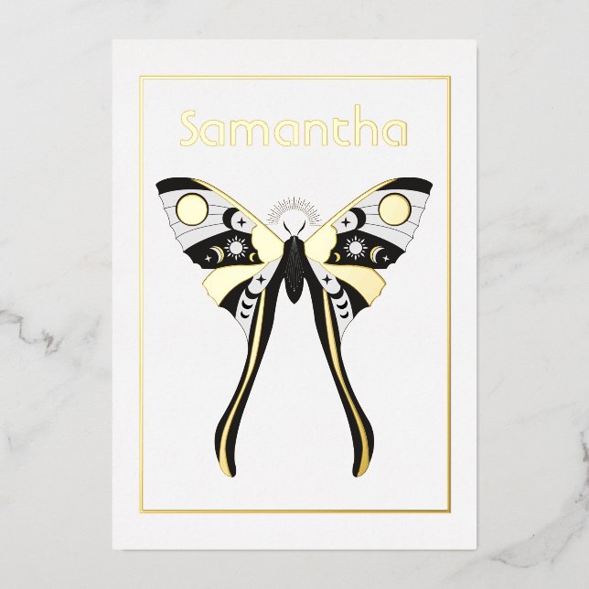 Mystical Celestial Gold and Silver Moth Birthday Foil Invitation (Front)