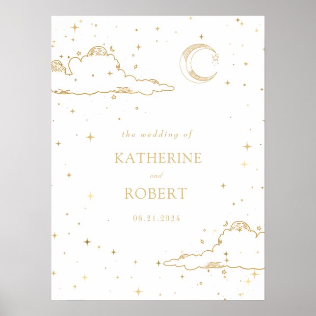 Mystical Celestial Gold Moon Clouds Wedding Poster (Front)