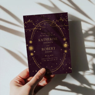 Mystical Celestial Gold Moon Star Burgundy Wedding Invitation