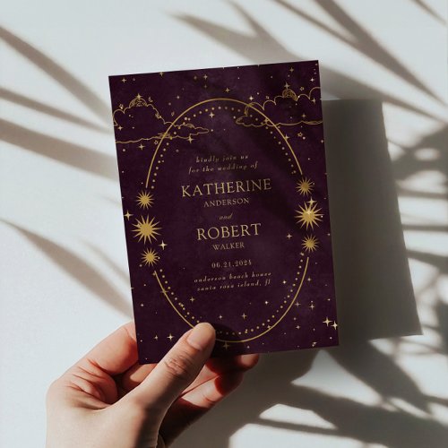 Mystical Celestial Gold Moon Star Burgundy Wedding Invitation