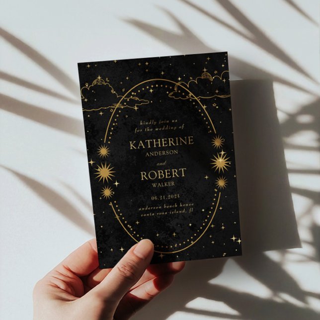 Mystical Celestial Gold Moon Stars Black Wedding Invitation (Creator Uploaded)
