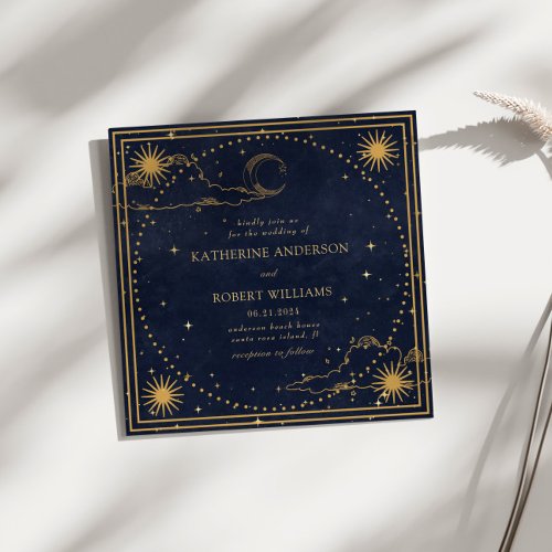 Mystical Celestial Gold Moon Stars Square Wedding Invitation