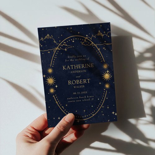 Mystical Celestial Gold Moon Stars Wedding Invitation