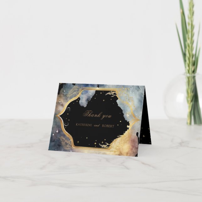 Mystical Celestial Gold Moon Wedding  Letterpress Thank You Card (Front)