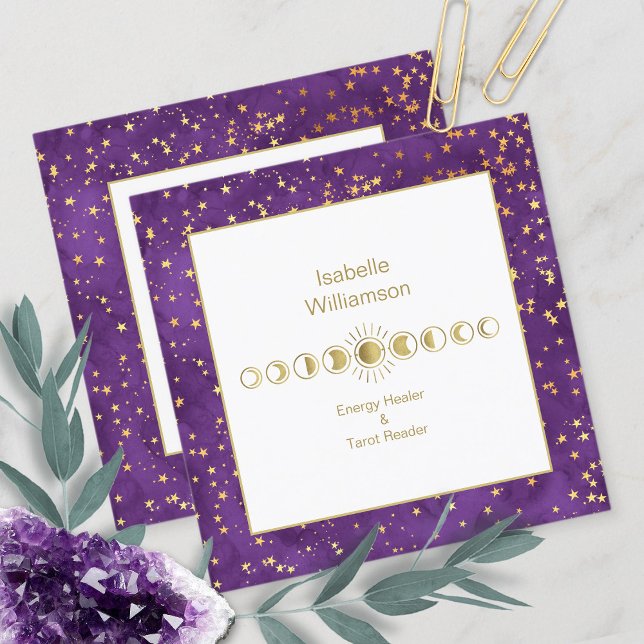 Mystical Celestial Moon Phase Amethyst Spiritual Square Business Card (Creator Uploaded)
