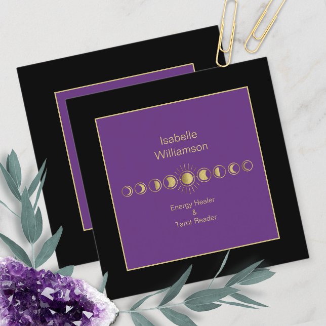 Mystical Celestial Moon Stars Amethyst Spiritual Square Business Card (Creator Uploaded)
