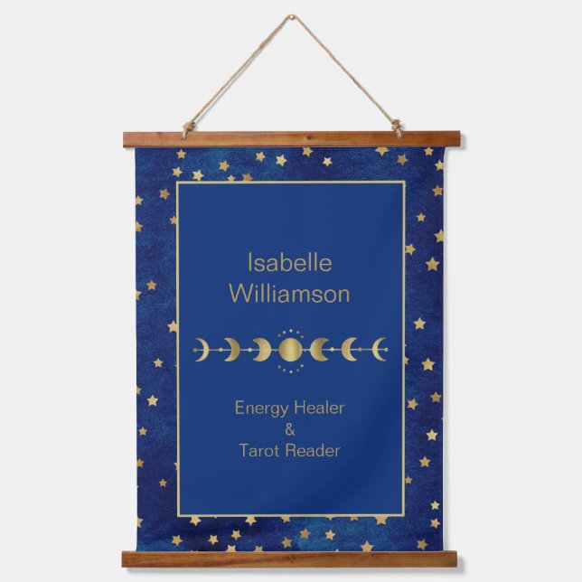 Mystical Celestial Stars Moon Phase Navy Blue Hanging Tapestry (Front)