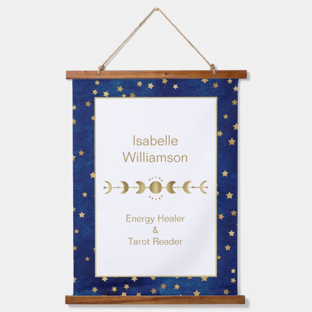 Mystical Celestial Stars Moon Phase Navy Blue Hanging Tapestry (Front)