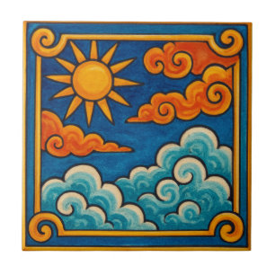 Mystical Celestial Sun & Clouds Ceramic Tile