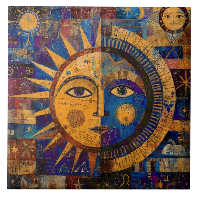 Mystical Celestial Sun Moon Alchemy Ceramic Tile (Front)