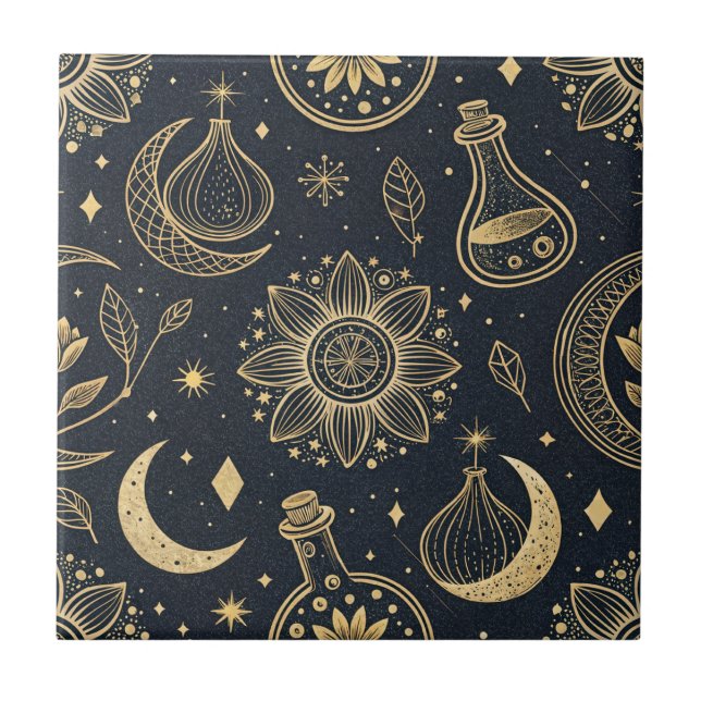 Mystical Celestial Witchcraft - Gold Botanical (2) Ceramic Tile (Front)