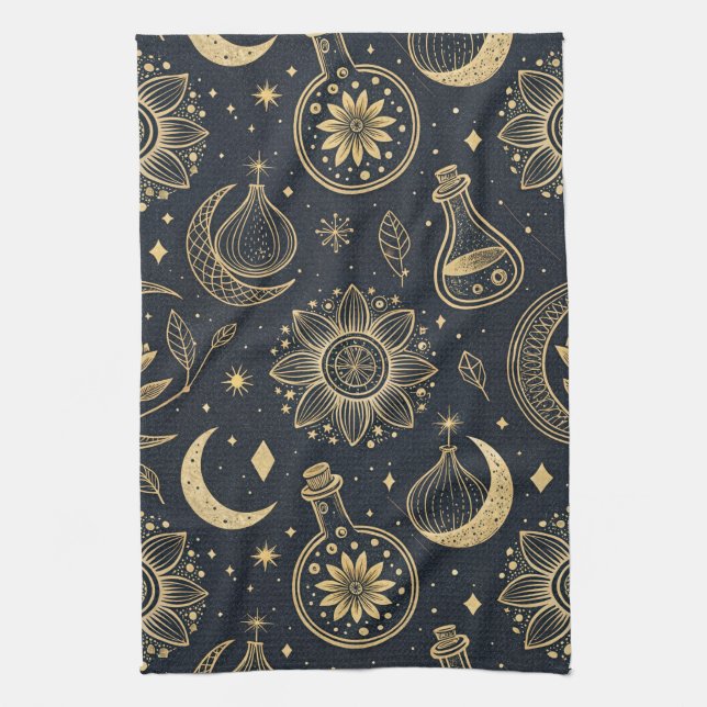 Mystical Celestial Witchcraft - Gold Botanical (2) Kitchen Towel (Vertical)