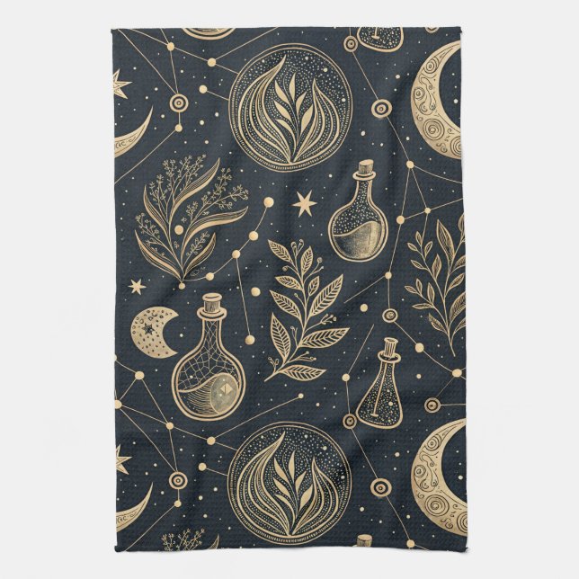 Mystical Celestial Witchcraft - Gold Botanical Kitchen Towel (Vertical)