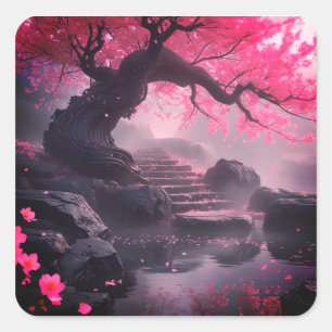 Mystical Cherry Blossom Path – Enchanted Stairway Square Sticker
