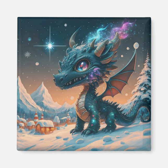 Mystical Chibi Dragon Winter Landscape  Magnet (Front)