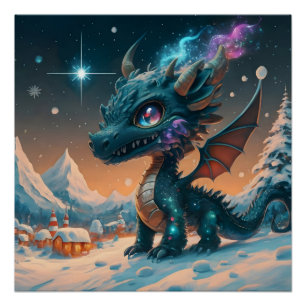 Mystical Chibi Dragon Winter Landscape Poster