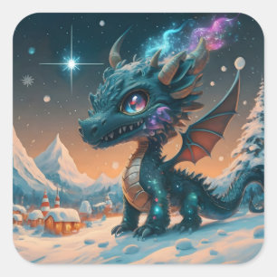 Mystical Chibi Dragon Winter Landscape  Square Sticker