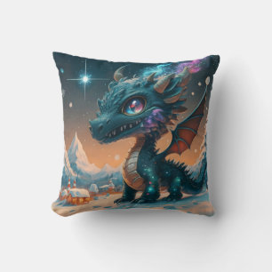 Mystical Chibi Dragon Winter Landscape  Throw Pillow